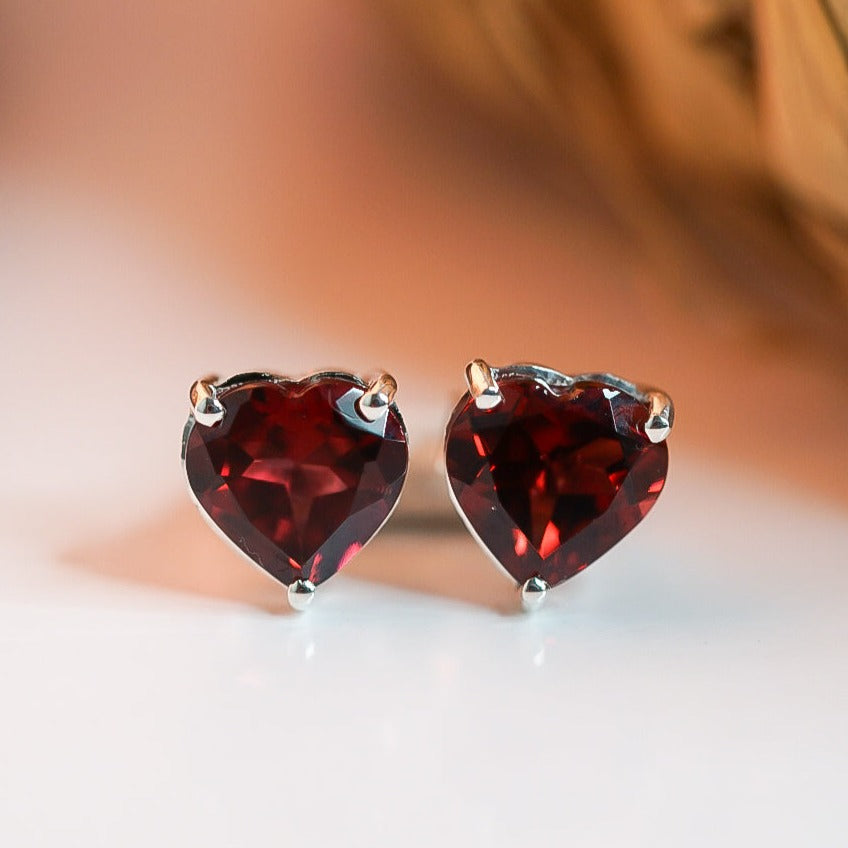Garnet Heart Cut Stud Earrings