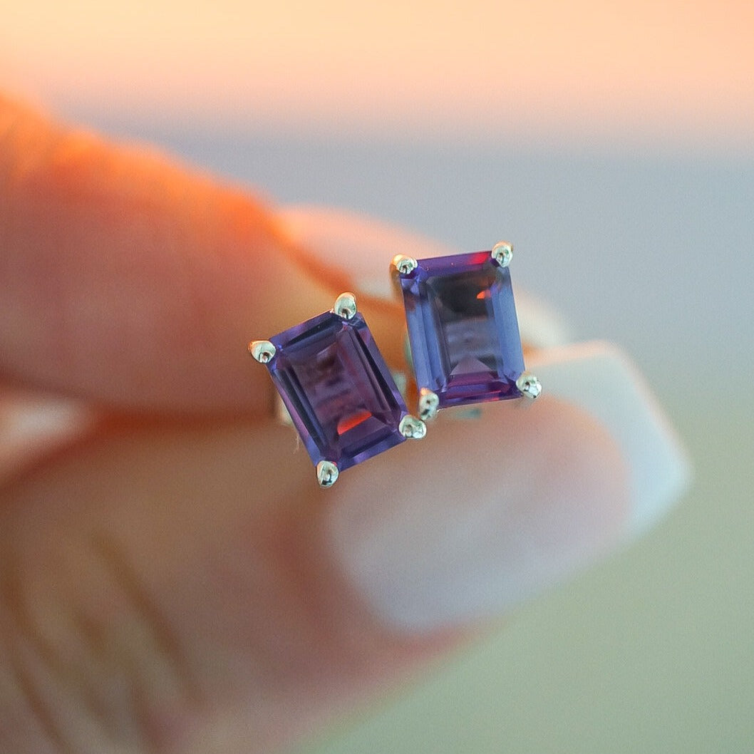 Amethyst Baguette Cut Stud Earrings