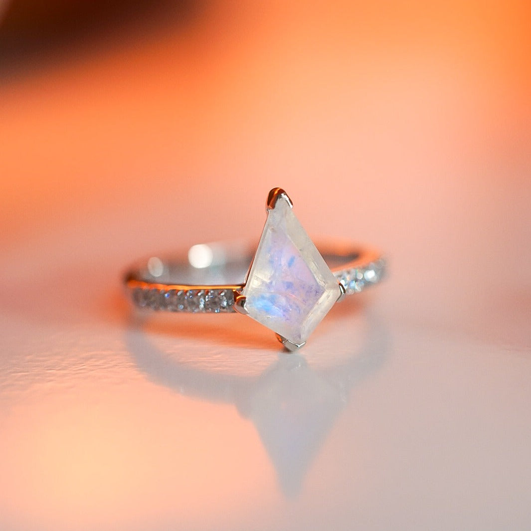 Rainbow Moonstone Kite Cut Ring