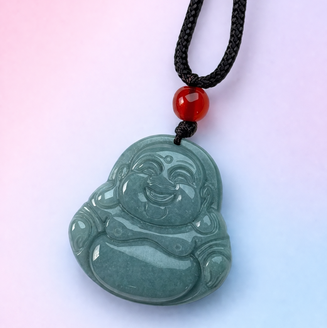 Jadeite Jade Laughing Buddha Amulet String Necklace - Luck