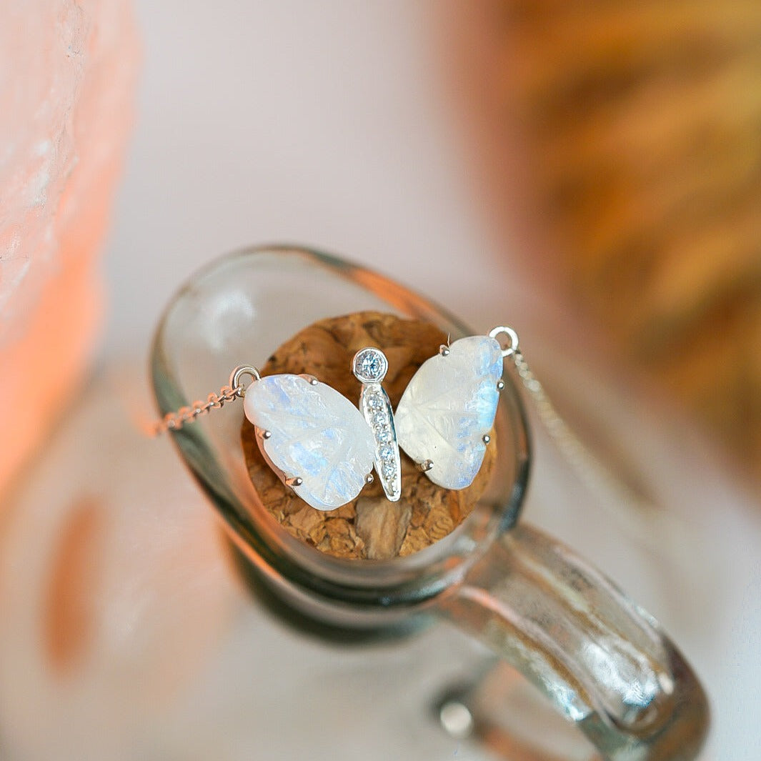 Rainbow Moonstone Butterfly Necklace