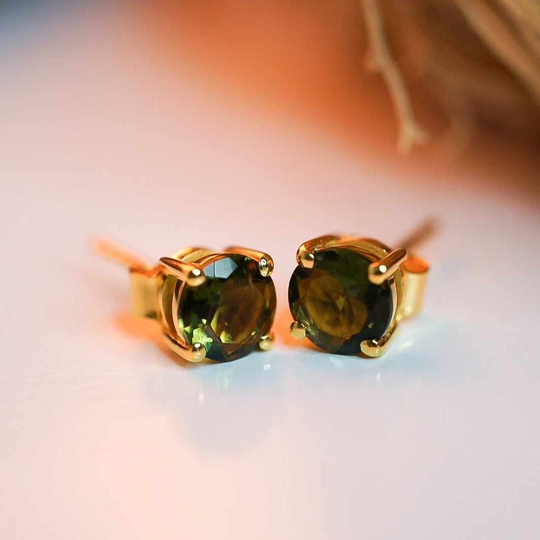 Moldavite Round Cut Stud Earrings