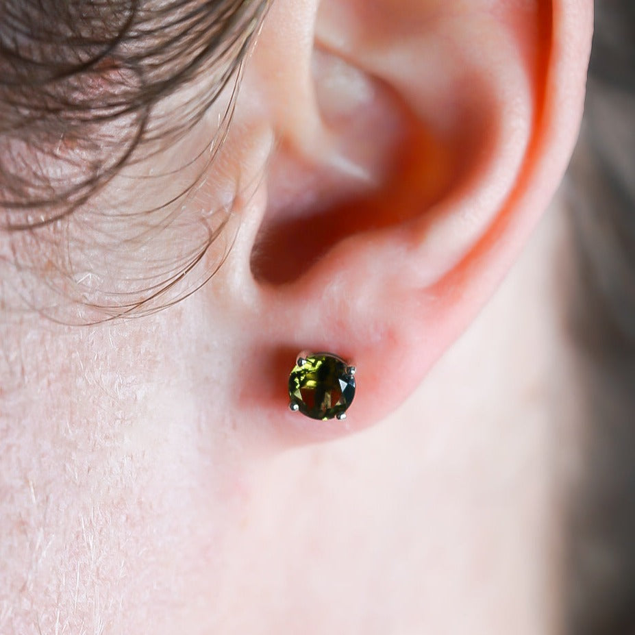 Moldavite Round Cut Stud Earrings