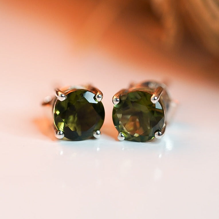 Moldavite Round Cut Stud Earrings