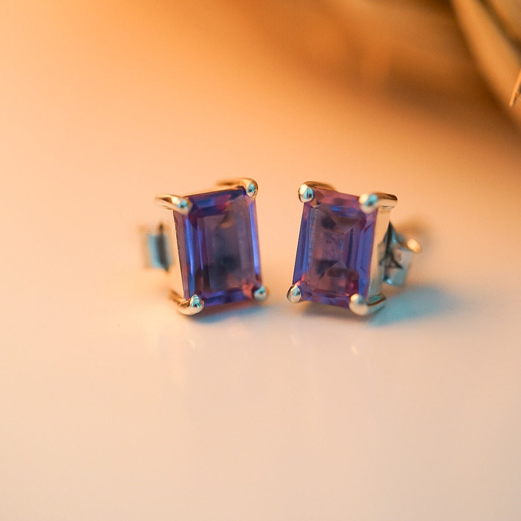 Amethyst Baguette Cut Stud Earrings