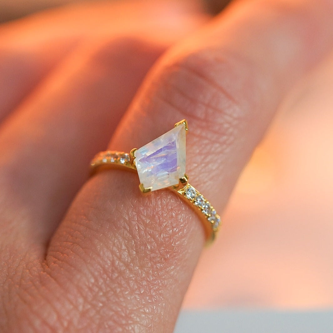 Rainbow Moonstone Kite Cut Ring