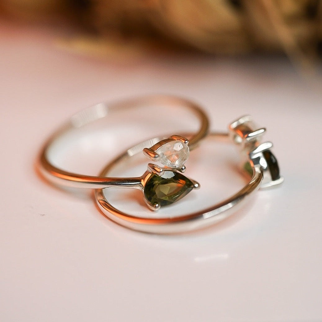 Moldavite & Libyan Desert Glass Double Pear Cut Ring