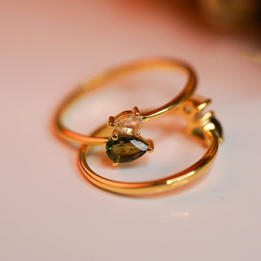 Moldavite & Libyan Desert Glass Double Pear Cut Ring