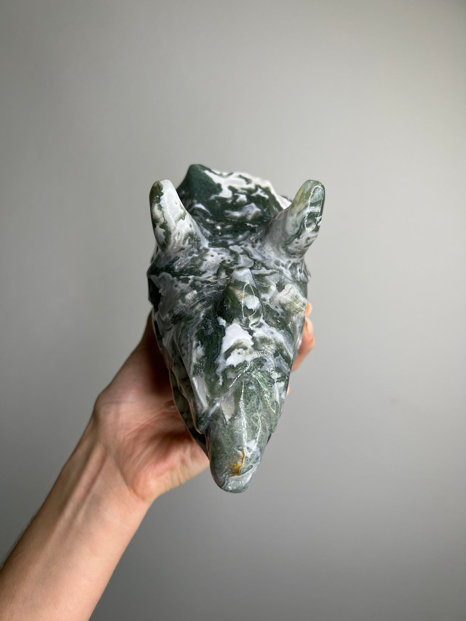 Moss Agate Triceratops Skull