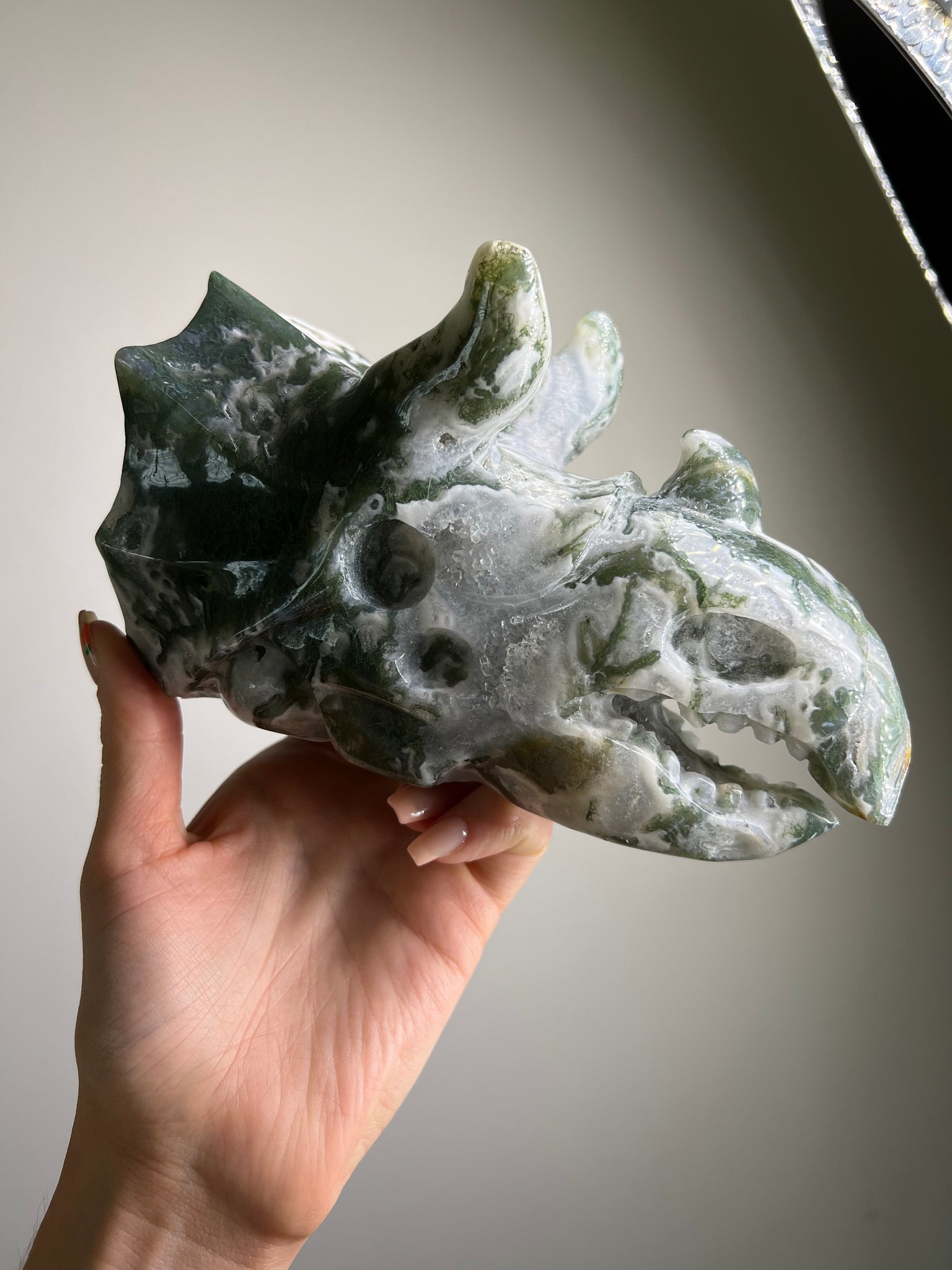 Moss Agate Triceratops Skull